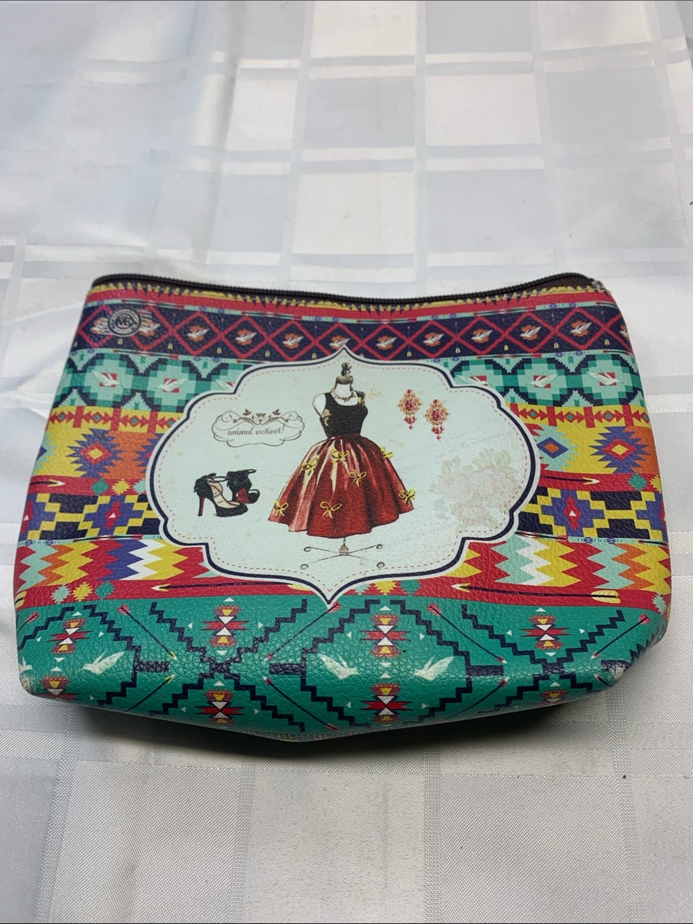 Stylish Multicolor vintage Aztec Print Cosmetic Pouch - Teal & Red